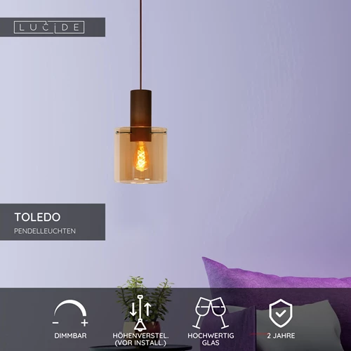 Lucide TOLEDO - Pendelleuchten - Ø 20 cm - 1xE27 - Amber - USP